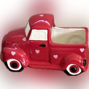 Sweet Valentine Day Red Delivery Truck w Pink Hearts Ceramic Planter Candy Dish